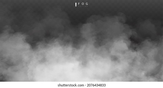 White fog or smok. Realistic fog. Atmosphere mist effect and smoke clouds isolated on transparent background. Vector abstract cloud texture