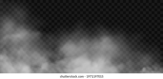 White fog or smoke 3D effect on transparent background. Vector cloud, mist cloudiness, vapor condensation, stream of gas or spray. Cloudy smoky steam, blowing cigarette smog, magic dust spread