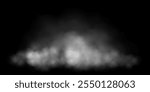 White fog or smoke cloud on black background. Realistic smoke effect vector illustration. Smoky mist, toxic vapor, meteorological phenomenon, condensation over land or water surface.