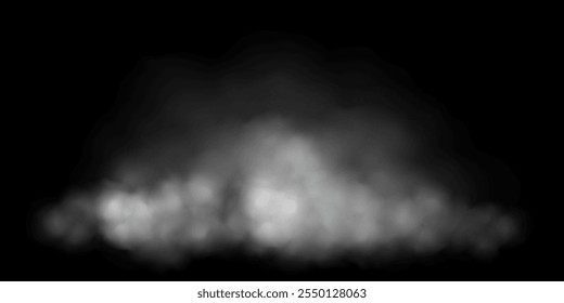 White fog or smoke cloud on black background. Realistic smoke effect vector illustration. Smoky mist, toxic vapor, meteorological phenomenon, condensation over land or water surface.