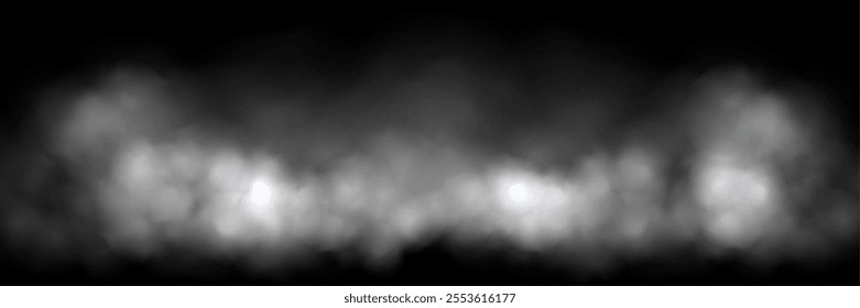 White fog or smoke cloud on black background. Realistic smoke effect vector illustration. Smoky mist, toxic vapor, meteorological phenomenon, condensation over land or water surface.