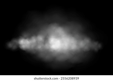 White fog or smoke cloud on black background. Realistic smoke effect vector illustration. Smoky mist, toxic vapor, meteorological phenomenon, condensation over land or water surface.