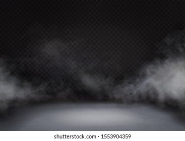 White fog or smoke on dark background.  Cloud or mist texture on floor or ground. Realistic vector