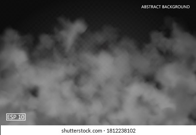 White fog or smoke on dark isolated transparent background. Cloudy sky or smog. Vector illustration