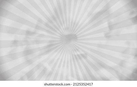 White fog smoke on light gray rays background. Abstract white smoke on ray star burst background. Realistic fog, dimensional tunnel. Mystic spectacular white fog. Copy space. Vector illustration EPS10