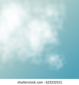 White fog or smoke on light blue background. Vector illustration of cloud on the sky.