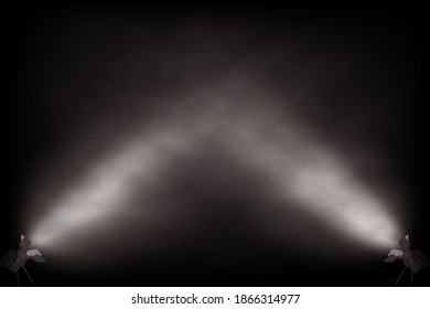 White fog spotlight coming from bottom corners on black background. Light fom projectors lighting scene or stage. Interior fashion design vector illustration. Empty minimal lighting.