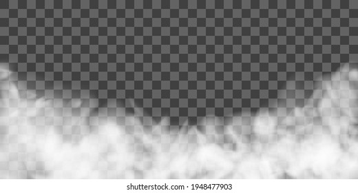 White fog texture isolated on transparent background. Steam special effect. Realistic vector fire smoke or mist	