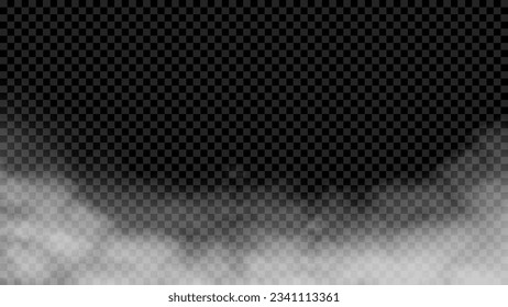 White fog texture isolated on transparent background. Steam special effect. Realistic vector fire smoke or mist. Stock royalty free vector illustration. PNG