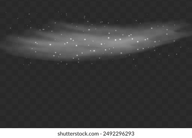 White fog, wind, sparks of star dust on a transparent background. Christmas abstract pattern. Sparkling magical particles of dust stars. Vector illustration.