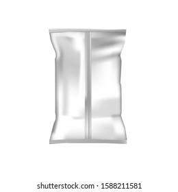 White Foil Blank paper pillow food snack bag isolated on white background. Snack Packaging Mockup. Chips paper package. Back View. Vector Illustration.