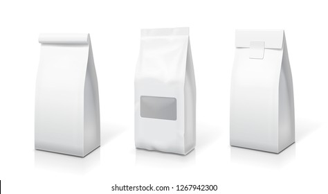 White foil paper food stand up snack bags set. Blank sachet packaging illustration. Vector template collection