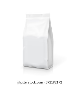 White foil or paper food stand up snack bag clipping path. Blank sachet packaging illustration. Vector isolated template