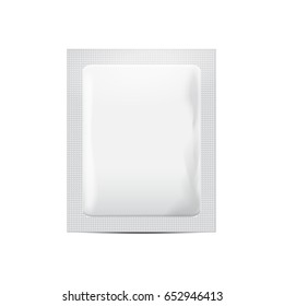 White foil sachet, packaging for cosmetics or food product, medicine drugs. vector realistic mock up template