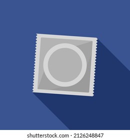 White foil wrapped condom in package icon on blue background. Sealed latex condom, Contraception method for safe sex. Sexual protection vector illustration