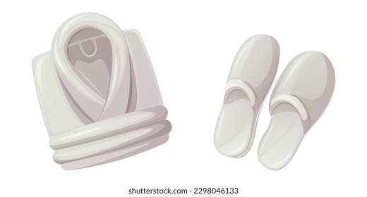 White folded bathrobe and slippers. Comfortable clothes for the spa, after taking a bath. Concept for self-care. Trendy vector illustration.