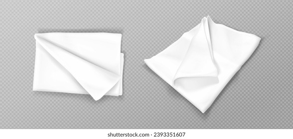 White folded handkerchief mockup. Blank cotton or silk fabric napkin or kitchen towel. Realistic vector set of template for microfiber dishcloth or picnic plaid, blanket or cloth serviette.