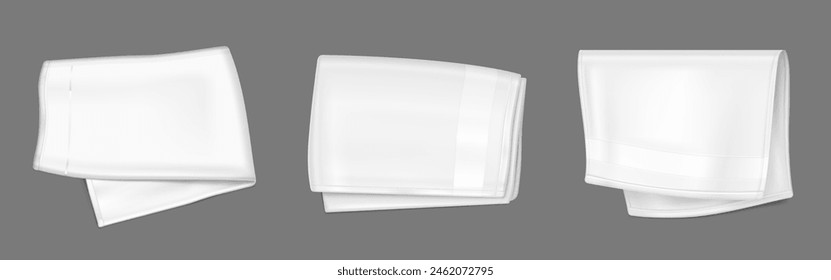 White folded handkerchief mockup or kitchen towel. Realistic vector illustration set of top view on blank fabric napkin or tablecloth on transparent background. Laying textile blanket template.