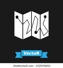 White Folded map with location marker icon isolated on black background.  Vector Illustration