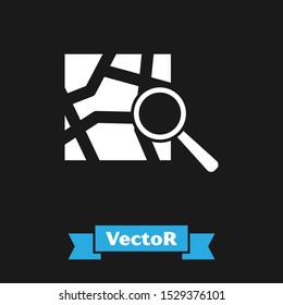 White Folded map with location marker icon isolated on black background.  Vector Illustration