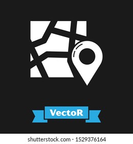 White Folded map with location marker icon isolated on black background.  Vector Illustration