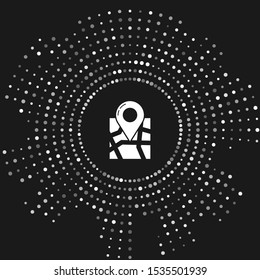 White Folded map with location marker icon isolated on grey background. Abstract circle random dots. Vector Illustration