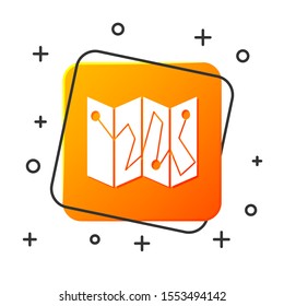 White Folded map with location marker icon isolated on white background. Orange square button. Vector Illustration