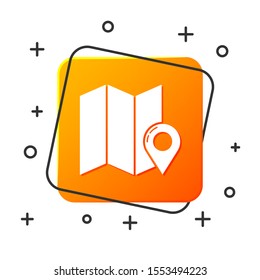 White Folded map with location marker icon isolated on white background. Orange square button. Vector Illustration