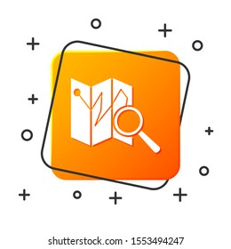 White Folded map with location marker icon isolated on white background. Orange square button. Vector Illustration