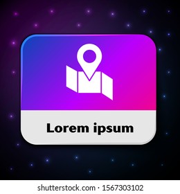 White Folded map with location marker icon isolated on black background. Rectangle color button. Vector Illustration
