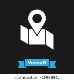White Folded map with location marker icon isolated on black background.  Vector Illustration