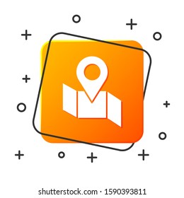 White Folded map with location marker icon isolated on white background. Orange square button. Vector Illustration