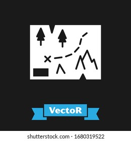 White Folded map with location marker icon isolated on black background.  Vector Illustration
