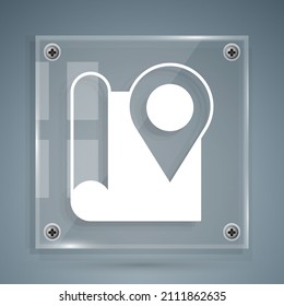 White Folded map with location marker icon isolated on grey background. Square glass panels. Vector