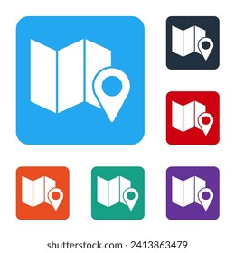 White Folded map with location marker icon isolated on white background. Set icons in color square buttons. Vector Illustration