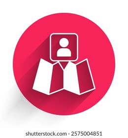White Folded map with location marker icon isolated with long shadow background. Red circle button. Vector