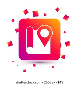 White Folded map with location marker icon isolated on white background. Square color button. Vector