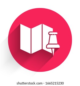 White Folded map with push pin icon isolated with long shadow. Red circle button. Vector Illustration