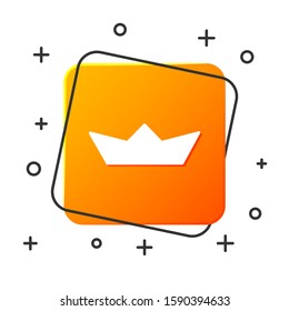White Folded paper boat icon isolated on white background. Origami paper ship. Orange square button. Vector Illustration