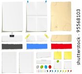 White folded paper, grungy old paper, ragged sheets of paper, blank squared and lined notepad pages and elements for attaching paper: pin, plasticine, scotch tape and paperclip set