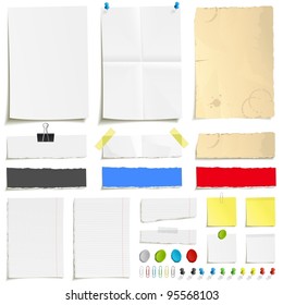 White folded paper, grungy old paper, ragged sheets of paper, blank squared and lined notepad pages and elements for attaching paper: pin, plasticine, scotch tape and paperclip set - Shutterstock ID 95568103