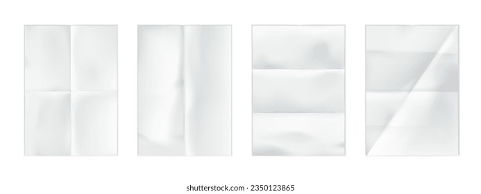 Hojas de papel blancas plegadas con travesías cruzadas, travesía de fondo de letra en blanco antigua borra la vista superior. Conjunto vectorial de páginas realistas con textura desmoronada para la reserva de recortes, collages o escritura