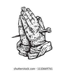 white folded and praying zombie hands  punctures by nail doodle hand drawn illustration without color