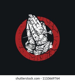 white folded and praying zombie hands  punctures by nail doodle hand drawn illustration color with red and black background