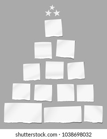 White folded torn note, notebook paper pieces for text stuck on gray background with stars. Vector illustration.