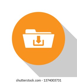 White Folder download icon isolated on white background. Orange circle button. Flat design. Vector Illustration