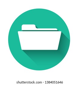 White Folder icon isolated with long shadow. Green circle button. Vector Illustration