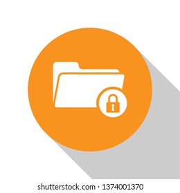 White Folder and lock icon isolated on white background. Closed folder and padlock. Security, safety, protection concept. Orange circle button. Vector Illustration