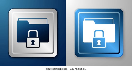 White Folder and lock icon isolated on blue and grey background. Closed folder and padlock. Security, safety, protection concept. Silver and blue square button. Vector