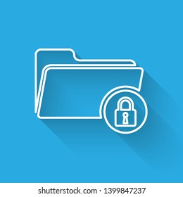 White Folder and lock line icon isolated with long shadow. Closed folder and padlock. Security, safety, protection concept. Vector Illustration